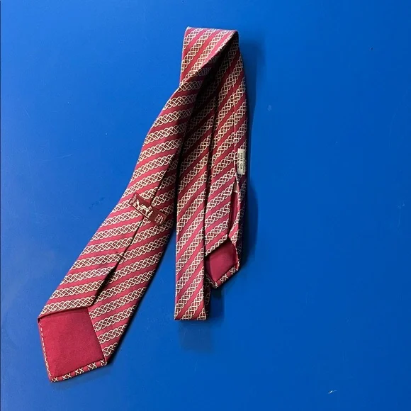 Hermes Red and White Striped Silk Tie with Interlocking Pattern
